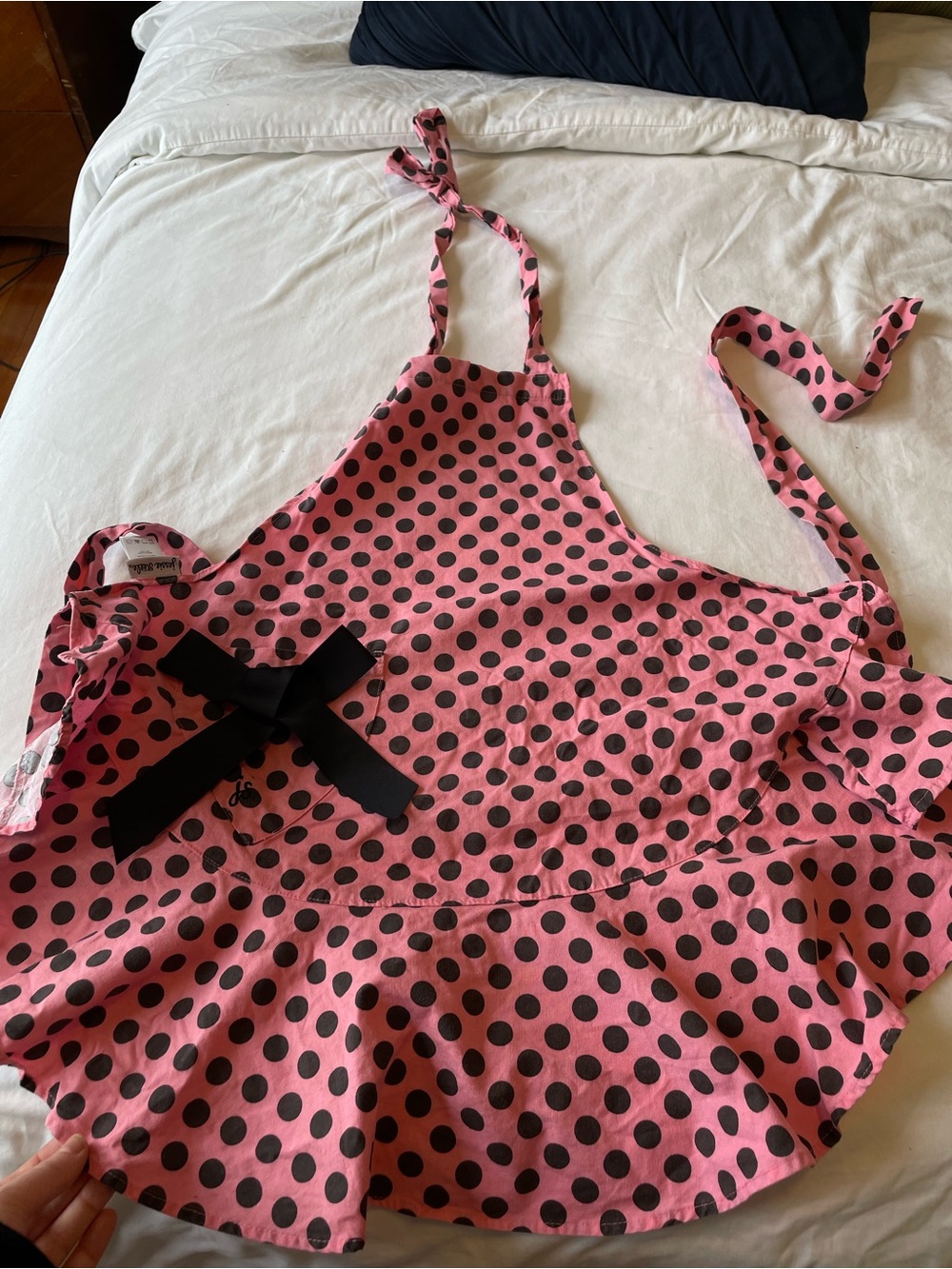 Pink Polka Dot Ruffled Apron with Black Bow - Jessie Steele